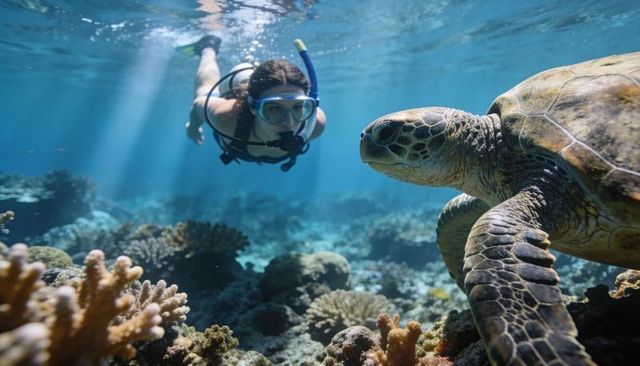 Green sea turtle gliding over coral reef while scuba diver observing sunlit tropical sea