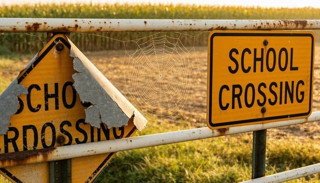Weathered school crossing signs on rusted gate with delicate spiderweb in rural cornfield