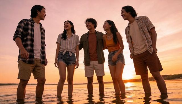 Friends laughing and chatting knee-deep in water at golden sunset, summer beach gathering