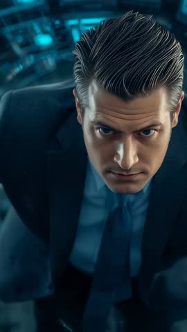 Executive leaning into camera in futuristic control room | Intense vertical corporate video
