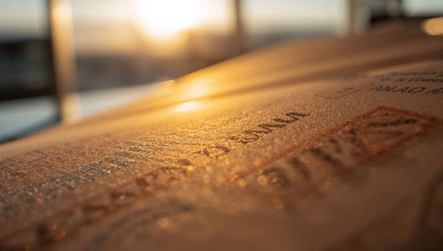 Golden sunset illuminating embossed passport cover macro, travel document texture