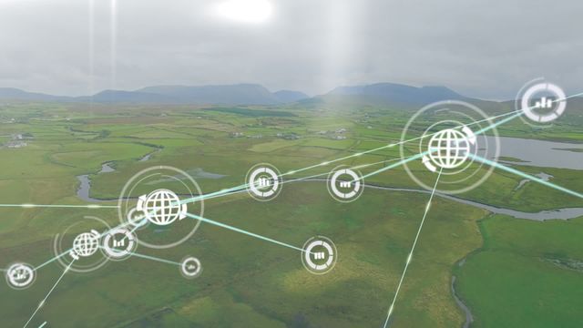 This visual representation of a digital network overlay on a serene and expansive green landscape is ideal for illustrating concepts such as networking, technology integration, environmental impact of technology, and digital communication. It can be used in presentations, marketing materials for tech companies, educational content about digital ecosystems, and environmental tech innovation. It blends natural beauty with technological advancement, making it suitable for modern, forward-thinking brands and projects.