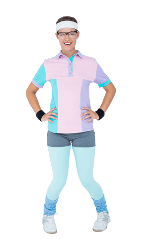 Transparent Hipster Posing in Colorful 80s Sportswear