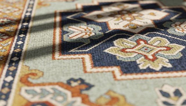Sunlit handwoven rug close-up showing textured pile, geometric medallion and border