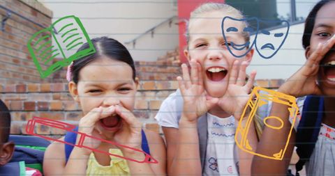 Excited School Children with Educational Icons Visible Outdoors - Download Free Stock Images Pikwizard.com