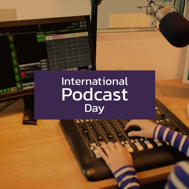 Cropped hands of caucasian woman using sound mixer in studio and international podcast day text. Recording, digital composite, broadcasting, communication, media and technology concept.