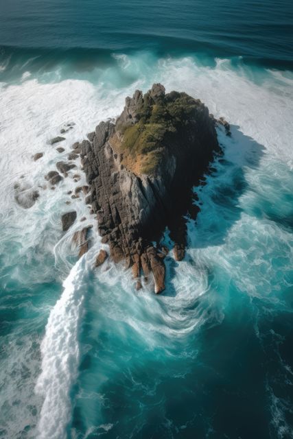 This image shows an aerial view of an isolated rock island surrounded by turbulent ocean waves. The rough seas create a dramatic contrast against the rugged formation and deep blue waters, emphasizing the raw beauty of nature. Ideal for use in travel promotions, nature magazines, environmental conservation campaigns, and adventure-themed projects.