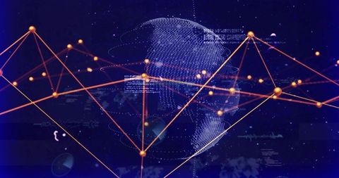 Global Data Network Mesh with Dotted Globe and Orange Nodes, Futuristic Infographic