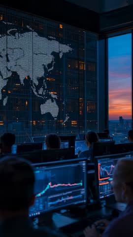 Vertical Trading Floor at Dusk - Analysts Scanning Global Map and Tracking Market Data
