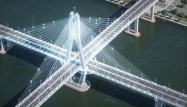 Aerial view showcasing intersecting cable-stayed bridge with wireframe digital twin overlay