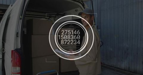 Delivery courier loading van with parcels using hand truck hud overlay for logistics