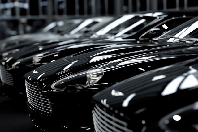 Luxury cars lined up in showroom with glossy black surfaces reflecting lights. Suitable for illustrating automotive advertisements, car dealership promotions, or articles about high-end vehicles and the luxury automotive industry. Great for use in automotive magazines, sales brochures, and online marketing campaigns.