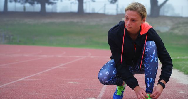 Female Athlete Tying Running Shoes on Track at Dawn - Download Free Stock Images Pikwizard.com