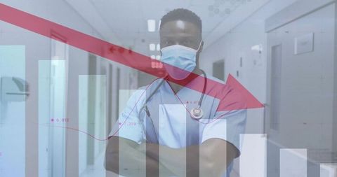 Hospital doctor analyzing healthcare trends behind red arrow