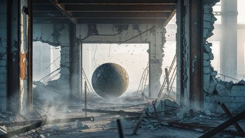 Large cracked stone wrecking ball in abandoned industrial ruins
