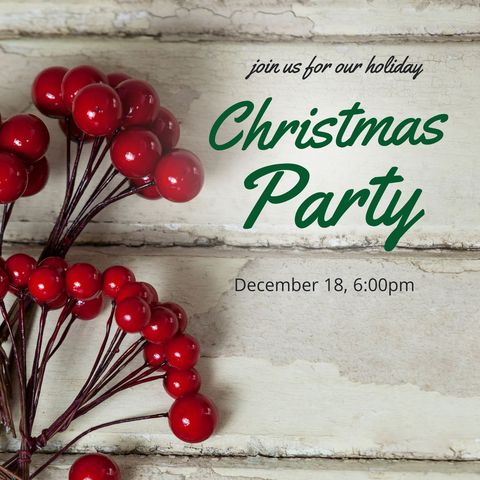 Festive christmas party invitation with red berries on rustic wood