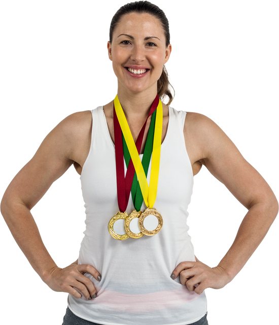 Smiling Woman Athlete Displaying Gold Medals Transparent Background - Download Free Stock Videos Pikwizard.com