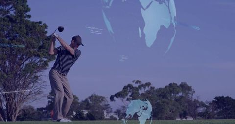 Golf enthusiast swinging driver outdoor fairway