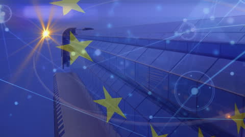 European Union Flag Waving Above Modern City Skyline