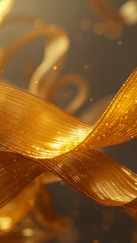 Cinematic Golden Ribbons Undulating with Sparkling Particles Macro Vertical Footage