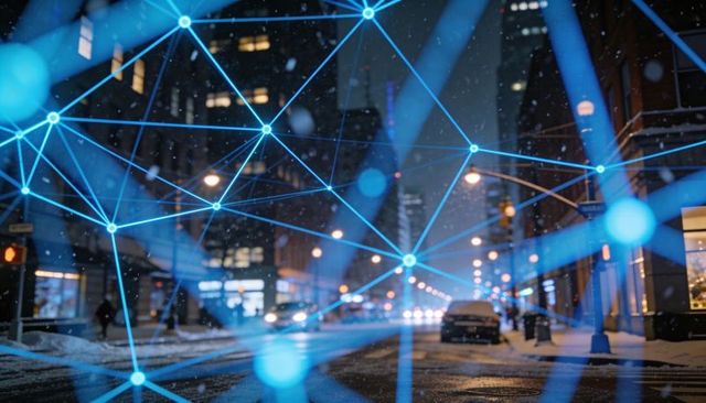 Glowing Blue Network Connecting Downtown Night Street with Snowfall for Smart City Tech