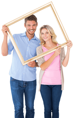 Attractive couple holding transparent picture frame smiling