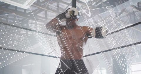 Shirtless boxer wearing vr headset and gloves training in gym ring with futuristic hud