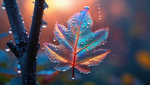 Ethereal dew-drenched leaf of the dreaming tree with glowing veins at sunrise