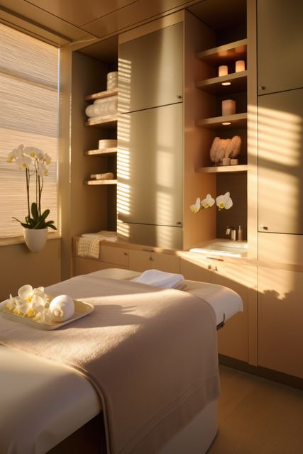 Massage couch and cupboards in therapy room at health spa, created using generative ai technology. Health spa, wellbeing, interior design and luxury concept digitally generated image.