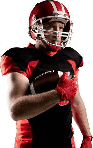 Transparent american football player focused holding football