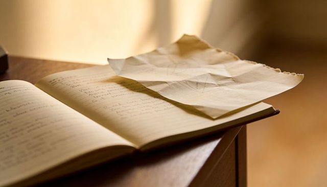 Sunlit journal showing handwritten notes and crumpled sketch on wooden desk