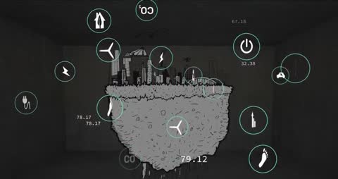 Futuristic Floating City with Technological Icons in Dark Room