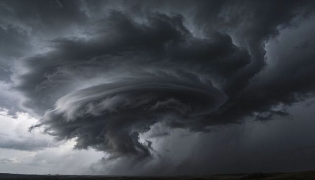 Rotating supercell forming lowering funnel over prairie horizon, dramatic storm clouds