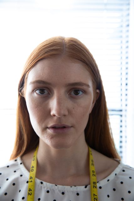 Young red haired fashion student in studio, wearing a yellow tape measure around neck, looking directly at camera. Ideal for use in educational materials, fashion design promotions, creative industry advertisements, and articles about fashion education or young designers.