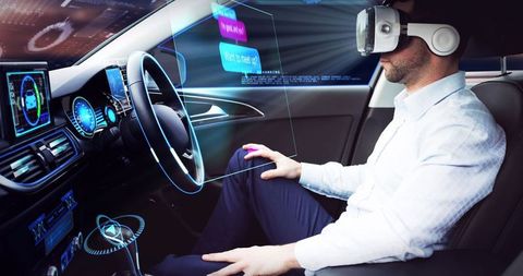 Businessman Using VR in Autonomous Car with Augmented Reality Interface - Download Free Stock Images Pikwizard.com