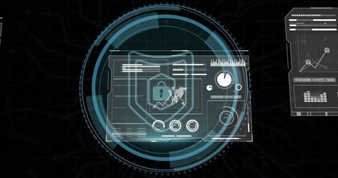 Futuristic Cybersecurity Interface with Shield and Padlock Graphics