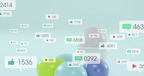 Floating glossy spheres with social notification bubbles visualizing engagement metrics