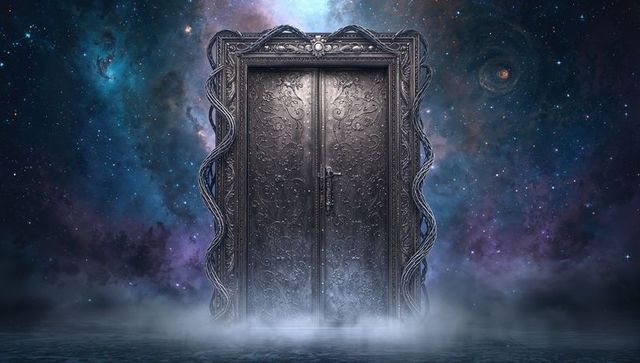 Mystical Metal Doors Against Celestial Nebula Background
