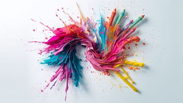 Dynamic Paint Vortex with Embedded Crayons Illustrating Creative Explosion