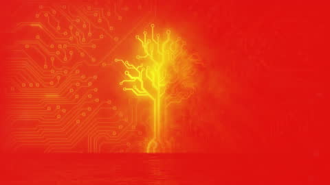 Yellow Neon Tree with Microprocessor Circuits on Red Background