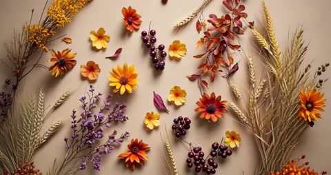 Rustic Seasonal Arrangement with Flowers and Grains on Beige Surface