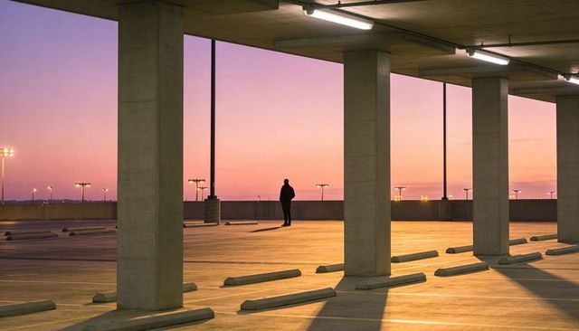 Solitary silhouette standing on rooftop parking under pastel sunset with concrete columns