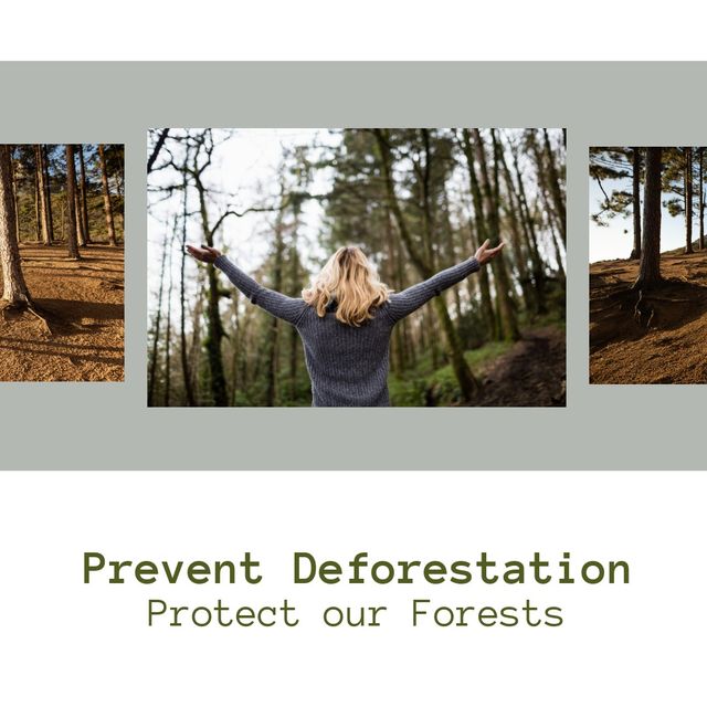Digital image of caucasian woman in forest with prevent deforestation protect our forests text. Raise awareness, responsible forest management, environment conservation, fsc friday.