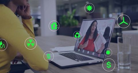 Professional woman participating in remote virtual meeting on laptop