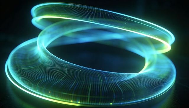Neon torus ribbon spiraling holographic ring futuristic abstract light flow