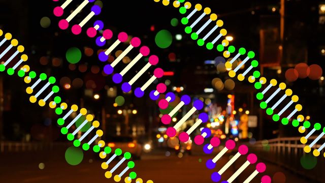 Night cityscape with animated colorful DNA strands rotating. Ideal for illustrating scientific concepts, genetic research themes, or futuristic technology in an urban setting. Can be used in educational materials, scientific presentations, or marketing campaigns for genetics companies.