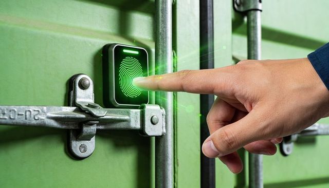 Industrial biometric fingerprint scanner securing warehouse container door