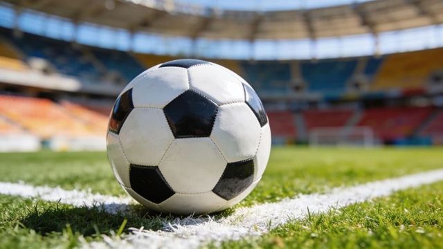 Closeup classic black and white soccer ball resting on sideline of sunny stadium pitch