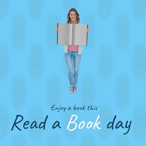 happy woman celebrating read a book day holding open book - Download Free Stock Templates Pikwizard.com