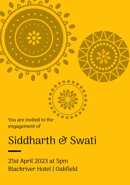 Elegant yellow background engagement invitation featuring floral motifs. Perfect for announcing engagement parties. Suitable for digital invites, printed cards for personalized invitations. Professional look for inviting guests to engagement celebration.